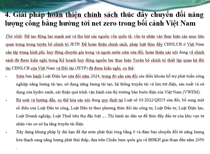 Các chính sách và giải pháp thúc đẩy chuyển đổi năng lượng công bằng hướng tới Net Zero trong bối cảnh Việt Nam