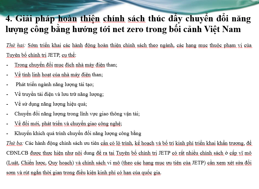 Các chính sách và giải pháp thúc đẩy chuyển đổi năng lượng công bằng hướng tới Net Zero trong bối cảnh Việt Nam