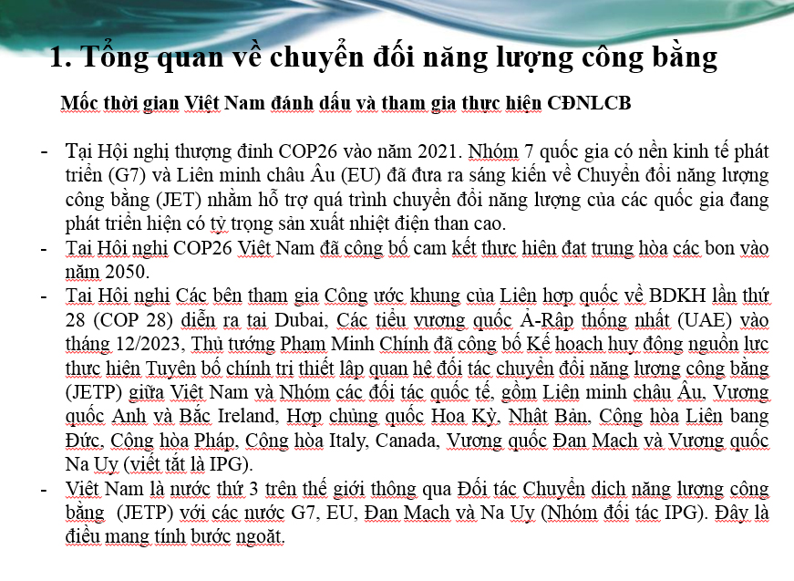 Các chính sách và giải pháp thúc đẩy chuyển đổi năng lượng công bằng hướng tới Net Zero trong bối cảnh Việt Nam