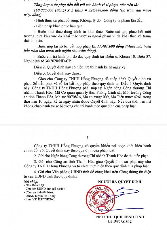 Thanh Hóa: Khai sai thuế tài nguyên và phí bảo vệ môi trường Công ty Hồng Phượng bị truy thu hơn 600 triệu đồng