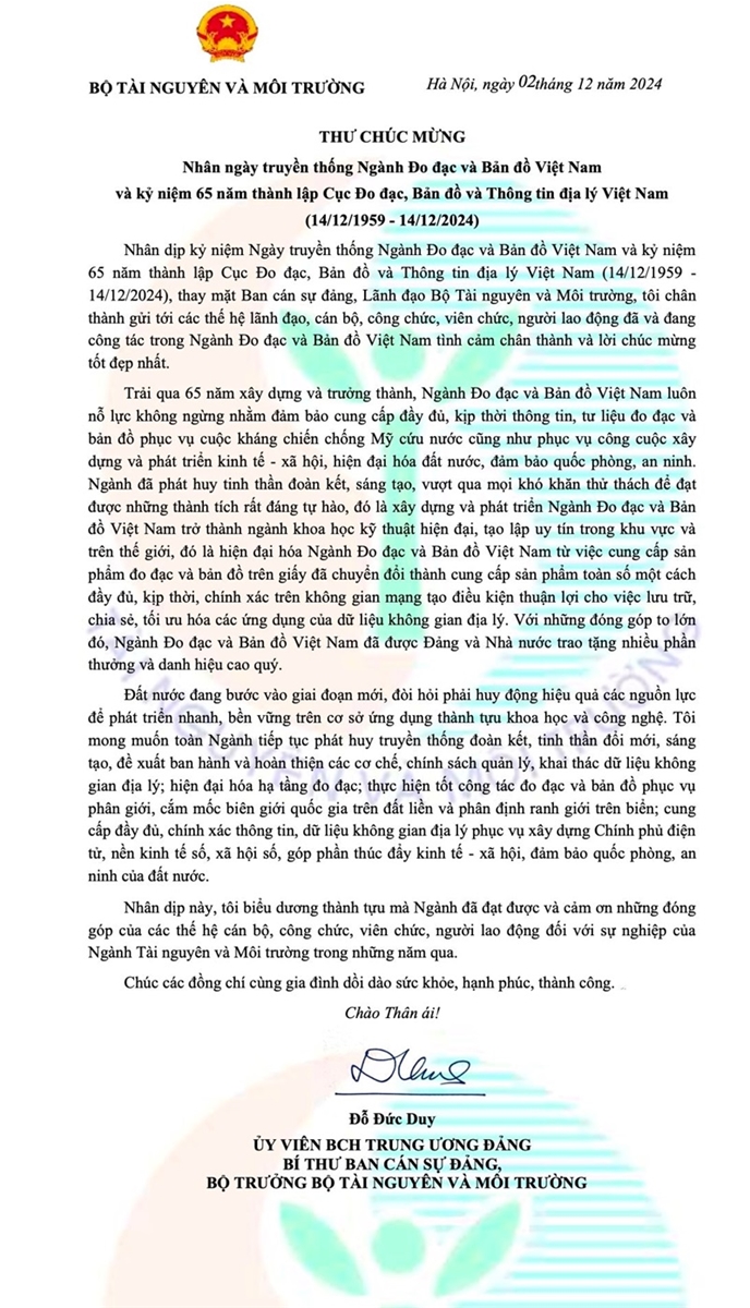 Bộ trưởng Đỗ Đức Duy gửi thư chúc mừng ngày truyền thống Ngành Đo đạc và Bản đồ Việt Nam