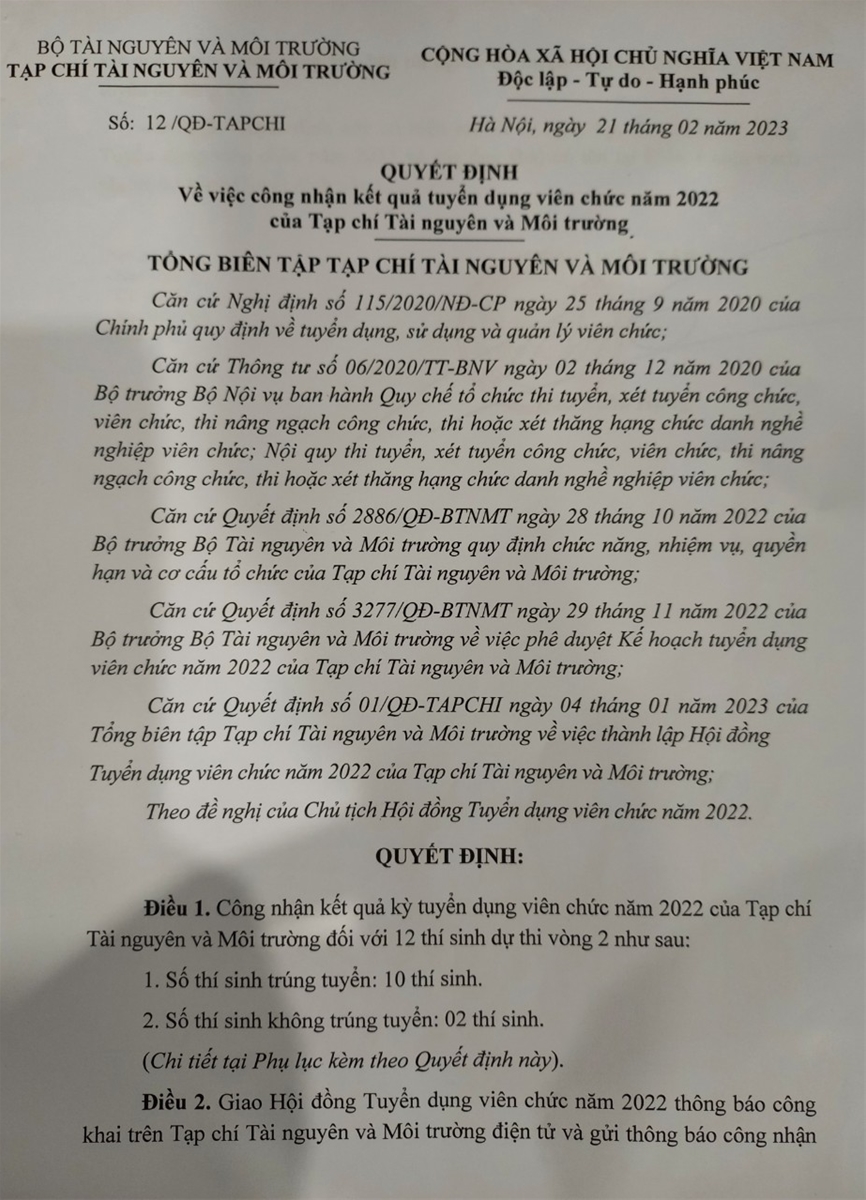 Quyết định về việc công nhận kết quả tuyển dụng viên chức năm 2022