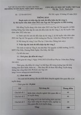 Thông báo Danh sách và triệu tập thí sinh đủ điều kiện dự thi vòng 2, kỳ thi tuyển viên chức năm 2022 của Tạp chí Tài nguyên và Môi trường